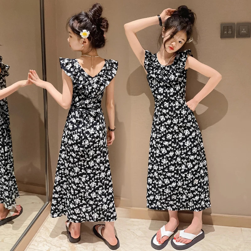女童连衣裙夏季2025新款洋气时髦碎花裙女孩中大童小飞袖甜美长裙
