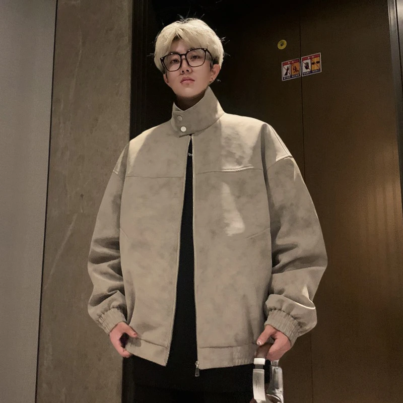 ins扎染加厚拉链秋季立领宽松防水pu夹克春秋男装秋冬季韩版百搭