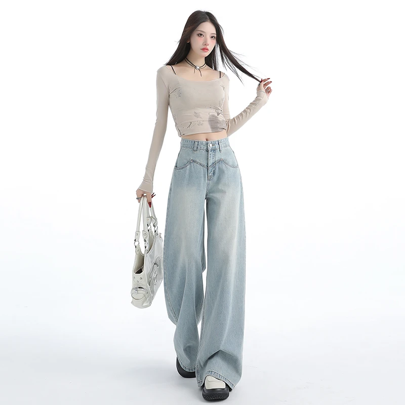 高腰阔腿牛仔裤女夏季新款设计感宽松复古垂感直筒浅蓝拖地长裤子