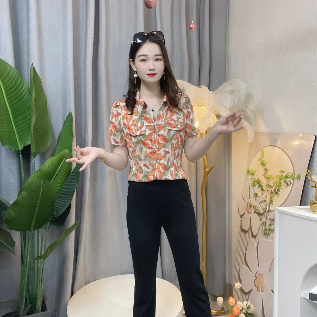 2025夏季新款时尚洋气修身显瘦气质百搭设计感印花短款上衣9917