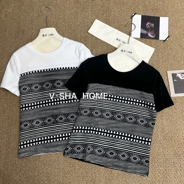 薇莎1110【现货】80-150拼接条纹假两件气质短袖T恤女