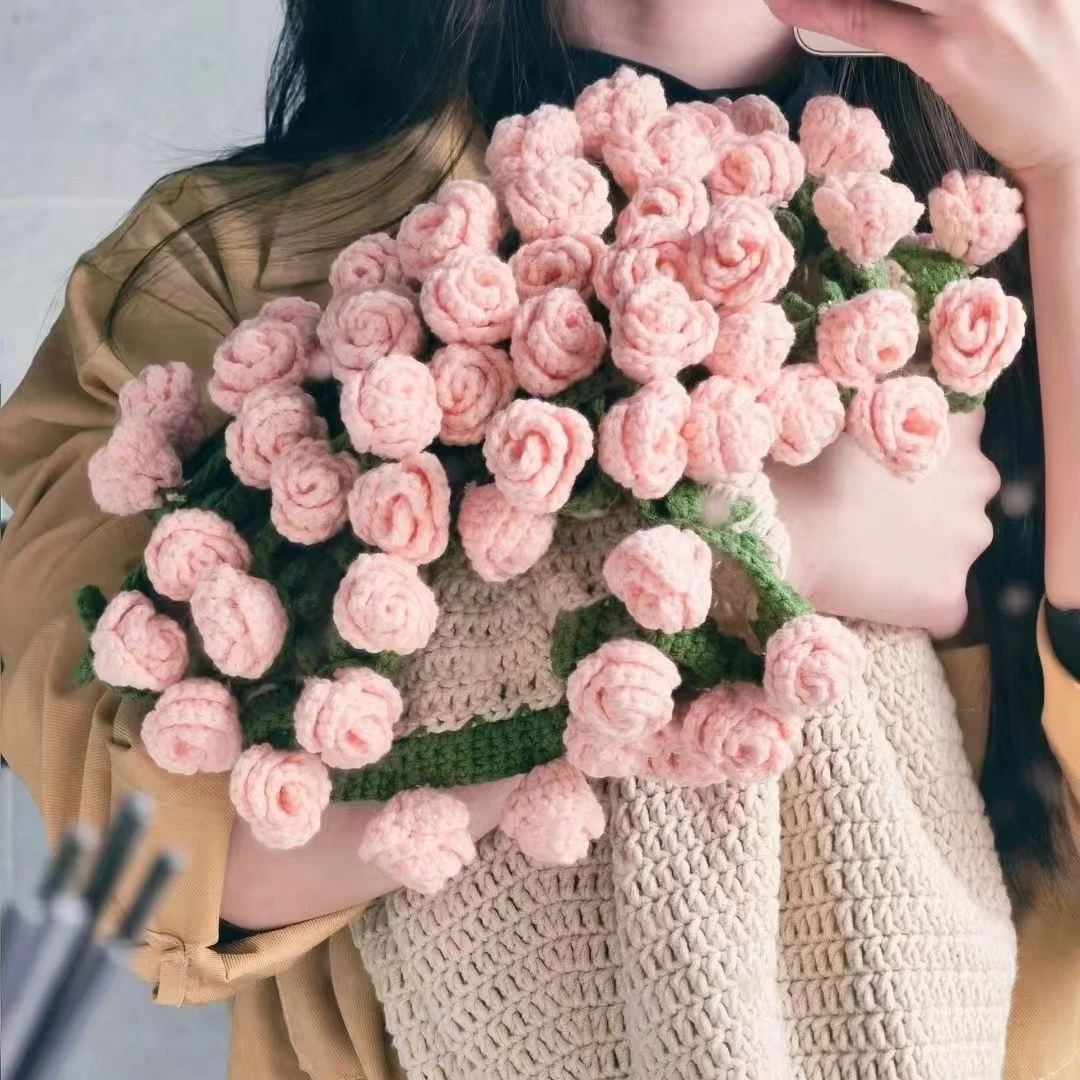 玫瑰花束毯子diy材料包郁金香花毯毛线团手工编织毯子送闺蜜女友