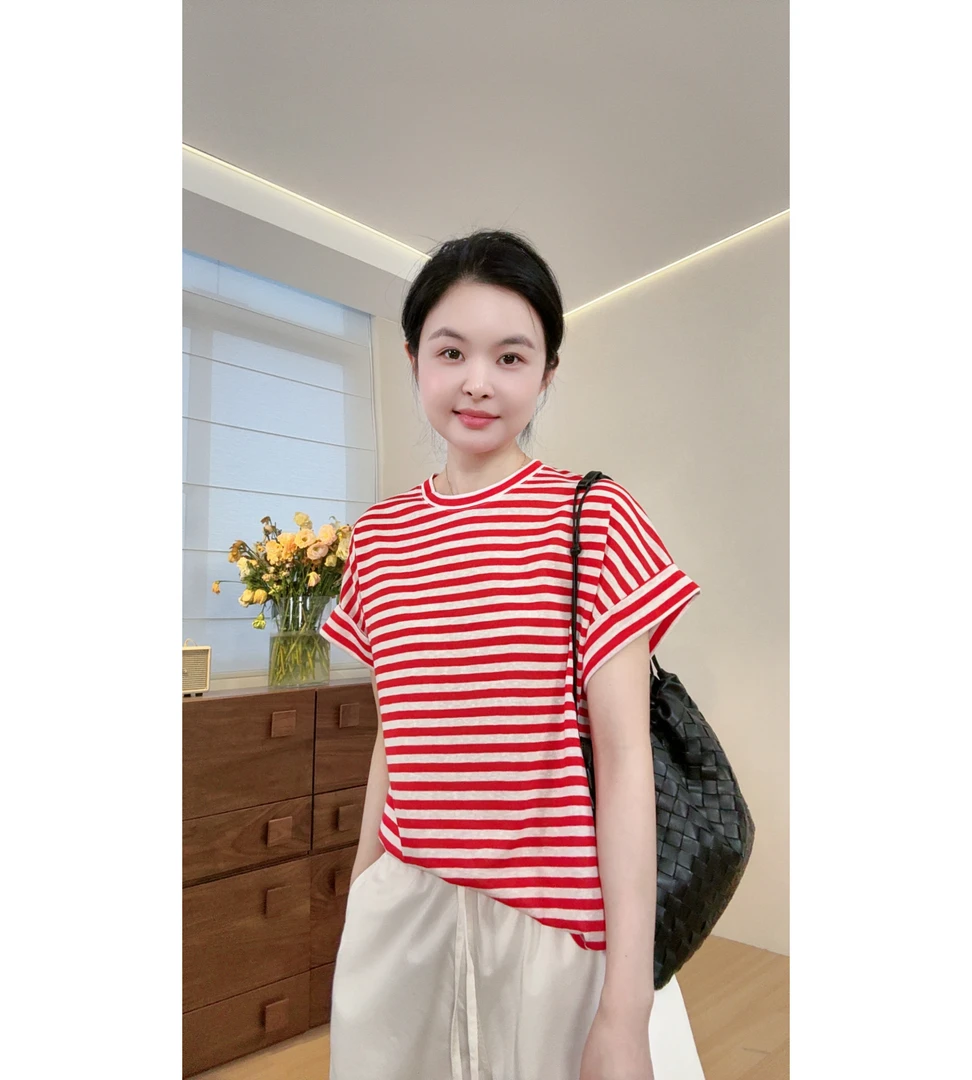 miss muzi “小飞袖条纹tee”慵懒风超细腻柔软显瘦藏肉短袖T恤女