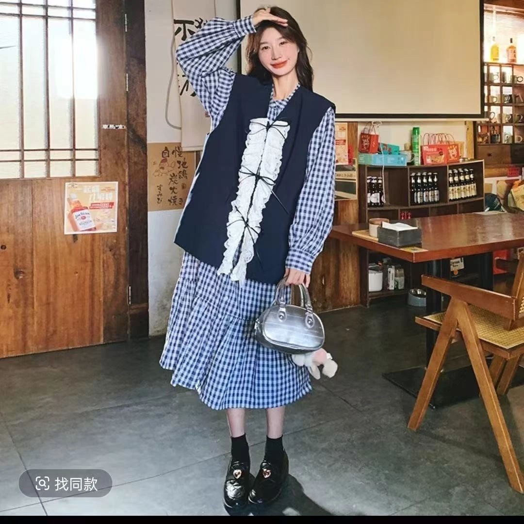 韩系慵懒风撞色马鱼尾连衣裙套装女春2025新款今年流行格子两件套