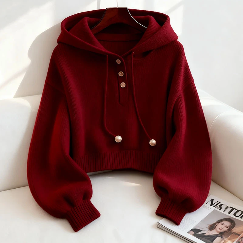 小众别致红色连帽抽绳纯色卫衣秋季韩系慵懒风时尚洋气舒适打底衫