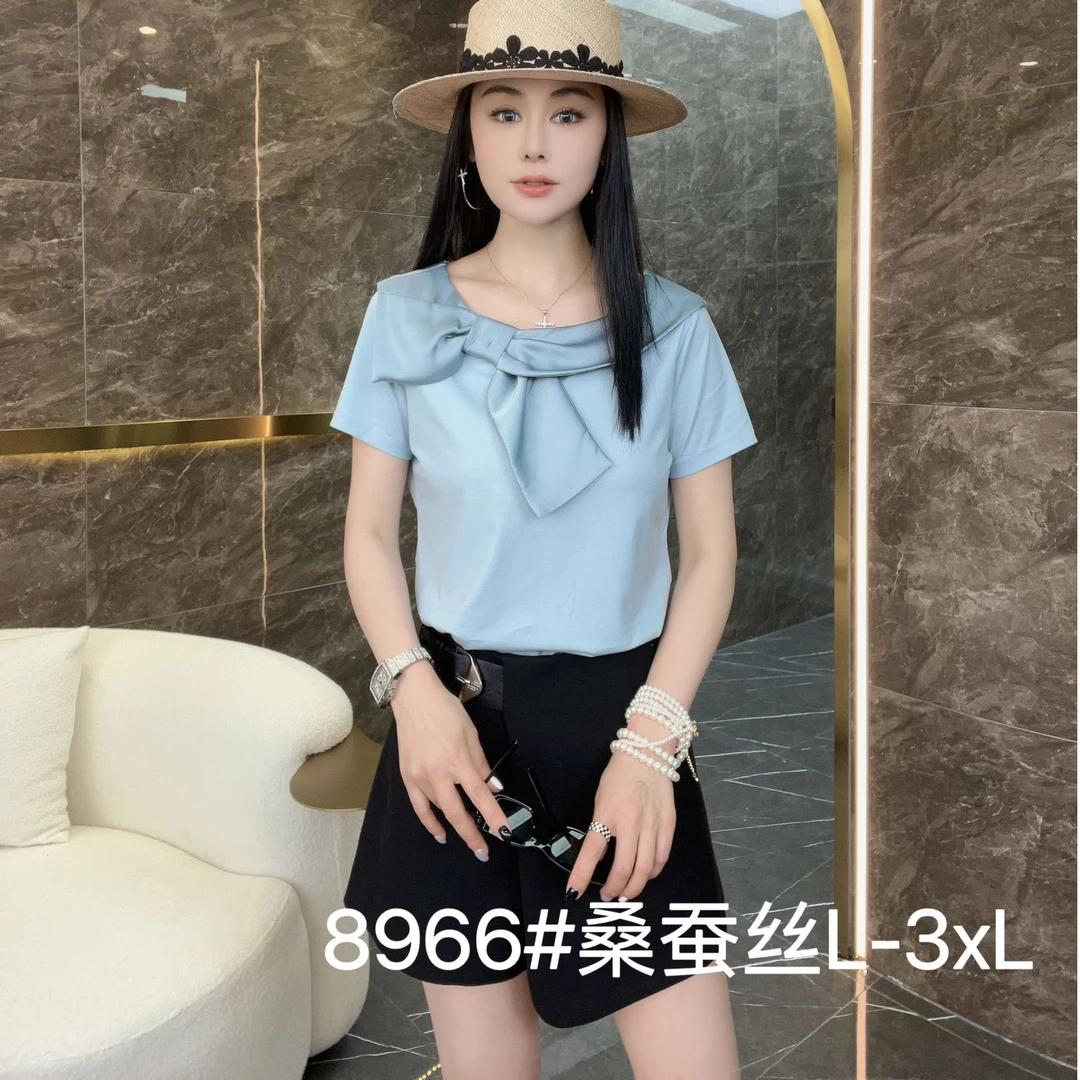 纯色开领拼接抗皱抗起球短袖T恤桑蚕丝显瘦气质洋气设计感上衣