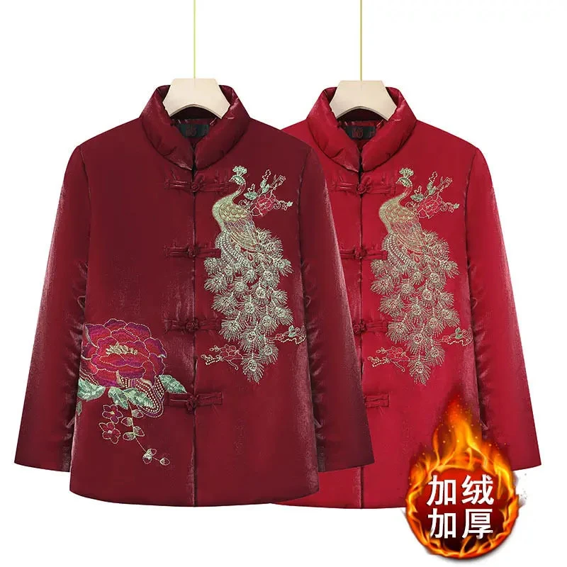 奶奶冬装外套中老年女加绒加厚唐装棉袄妈妈本命年红色老太太棉服