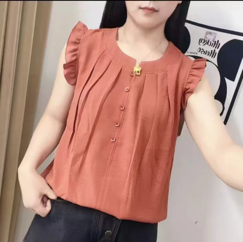 无袖上衣女法式洋气衬衫显瘦夏季圆领宽松新款甜美爆款飞飞袖上衣