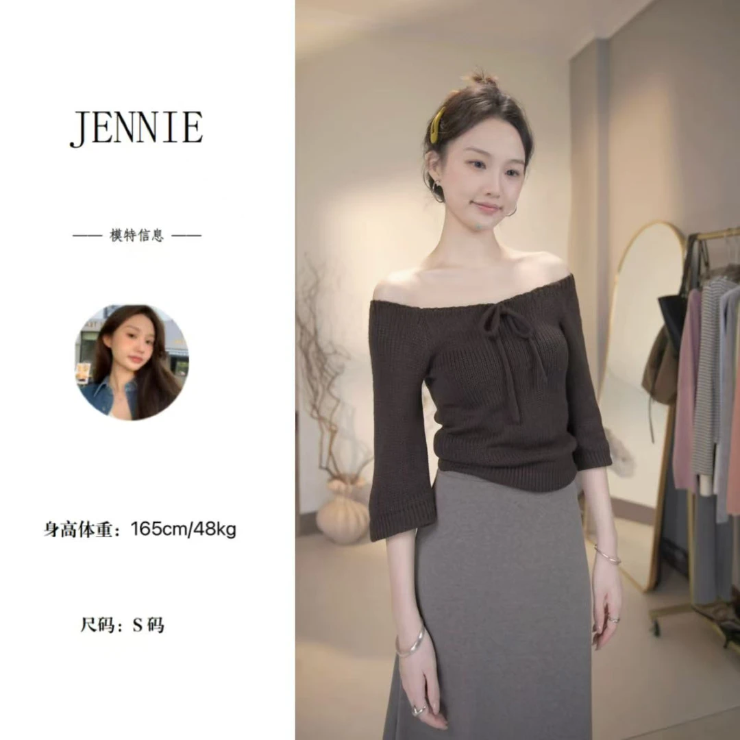 早秋中袖温柔气质舒适绑带设计圆领一字两穿毛针织衫小众上衣