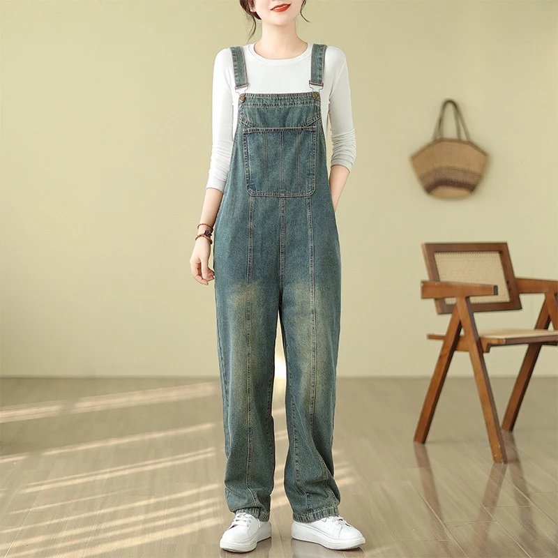 复古水洗工装牛仔背带裤女洋气减龄大口袋宽松连体裤遮肉哈伦长裤