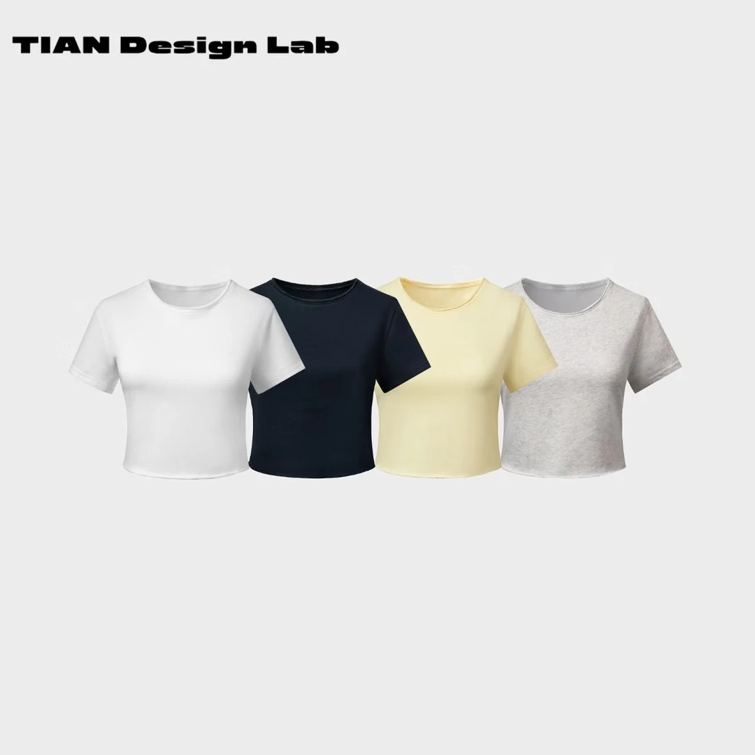 Tian design lab短袖卷边T恤女夏季露脐短袖上衣