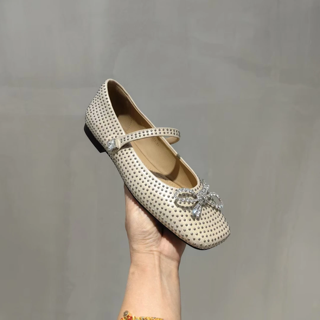 蒂格薇琦 2025春款方头蝴蝶结仙女满钉平底玛丽珍单鞋 13060110