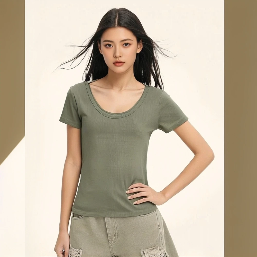 显瘦大U领弹力修身正肩极简短袖罗纹棉T恤女上衣25081058