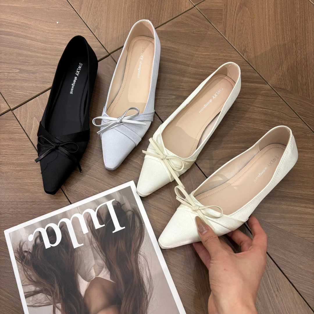 尖头蝴蝶结浅口单鞋女2025春季新款百搭通勤晚晚风瓢鞋