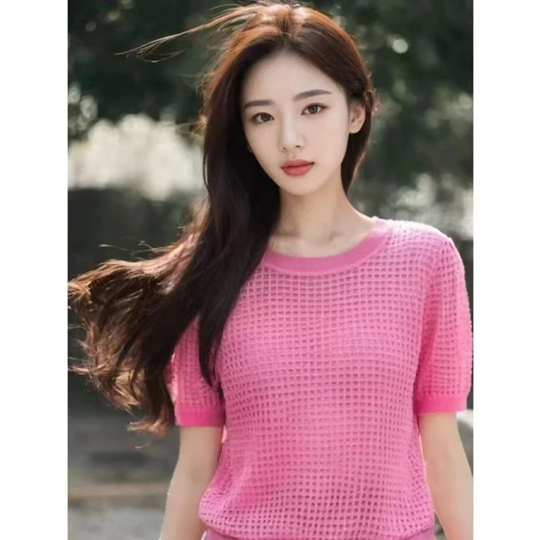 A029夏季公主风纯色短袖薄款毛针织衫针织衫气质女装