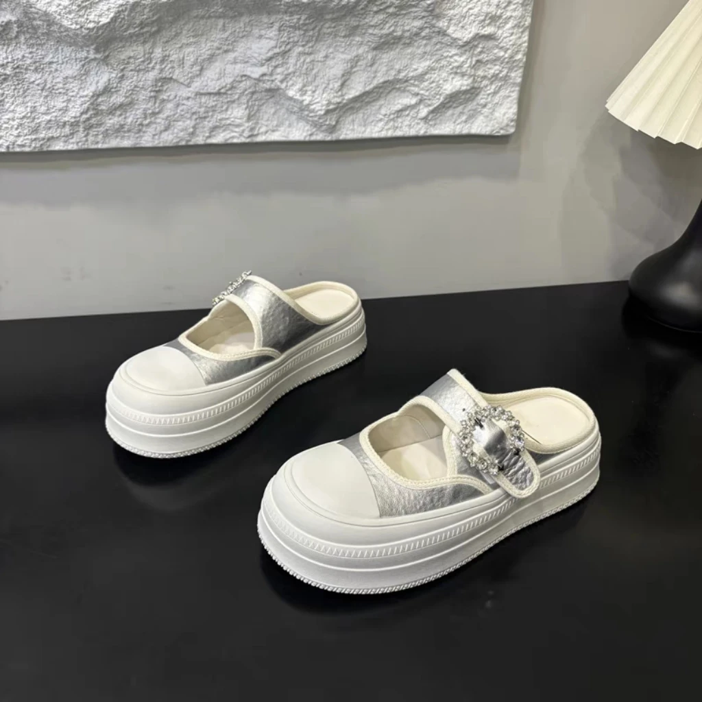 松糕底真皮包头水钻包头拖厚底休闲鞋小香风坡跟夏季白色23-06