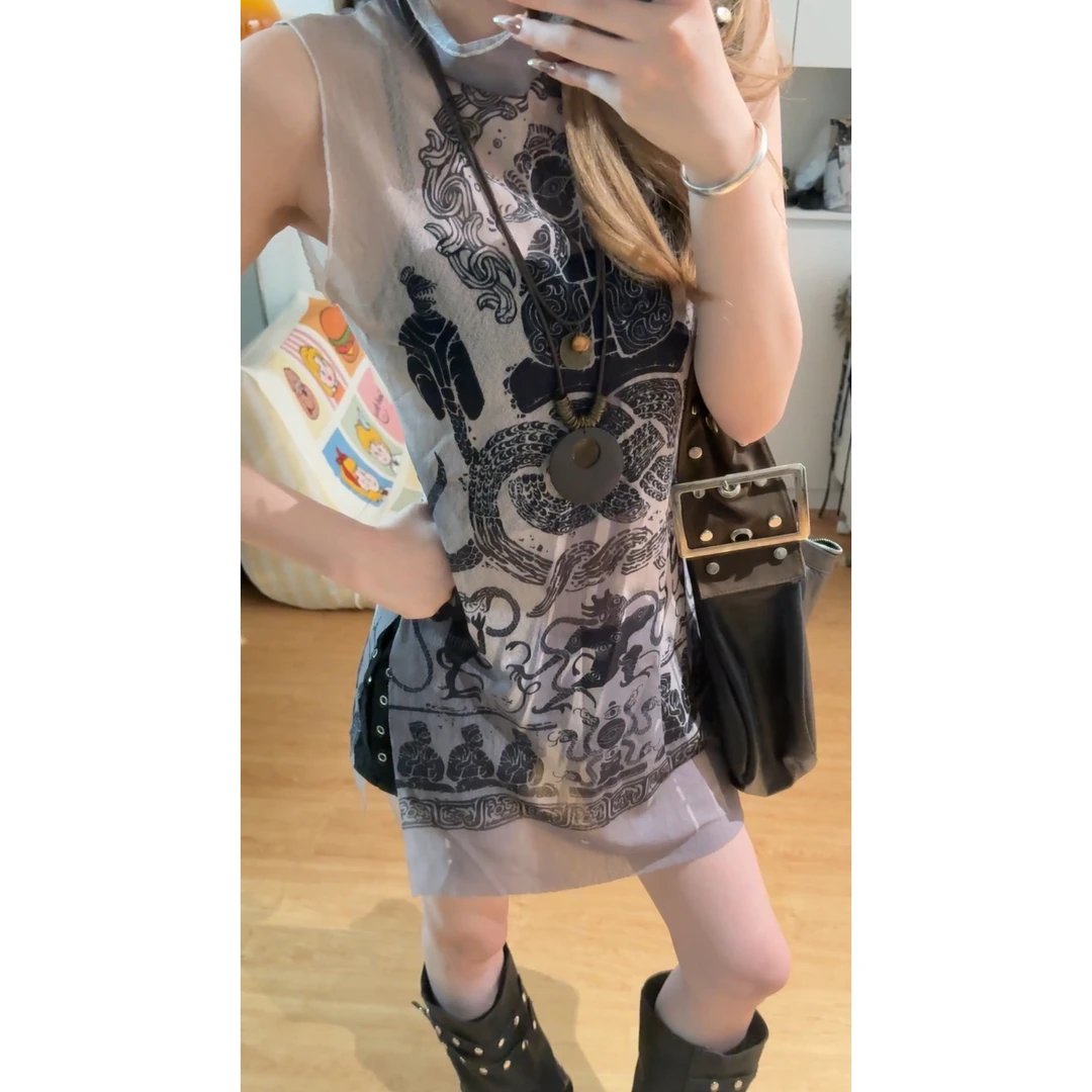 【369】新中式网纱微透复古印花度假风背心