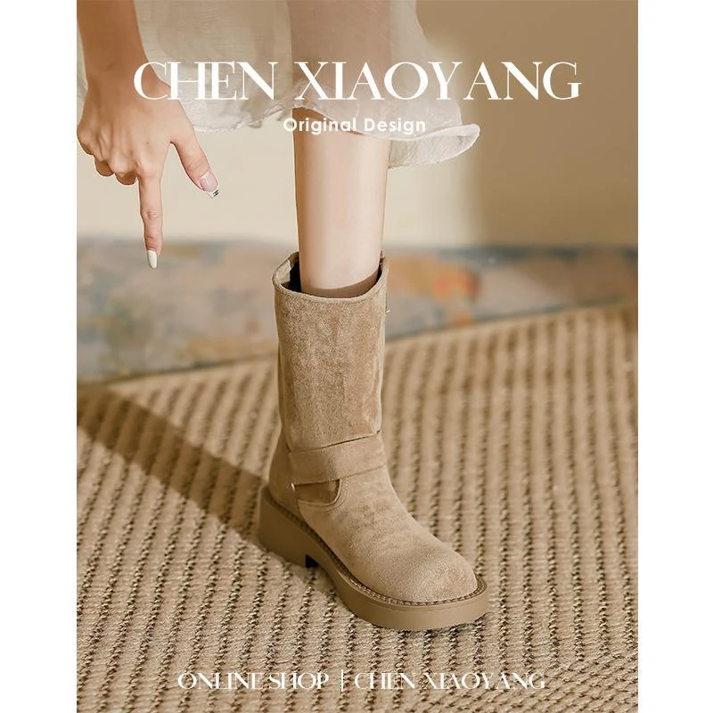 【CBMT旗舰店】牛皮复古堆堆靴废土风超软机车靴厚底皮带扣新款马