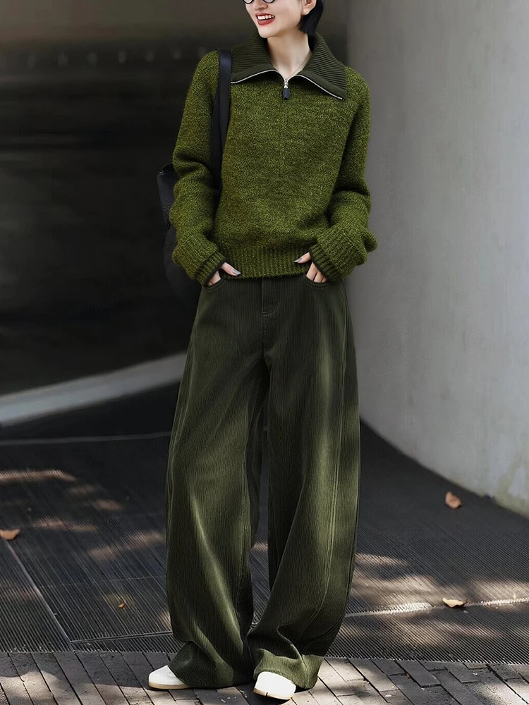 法式复古绿色Polo领毛衣秋冬新款小众设计感针织衫漂亮时髦上衣女