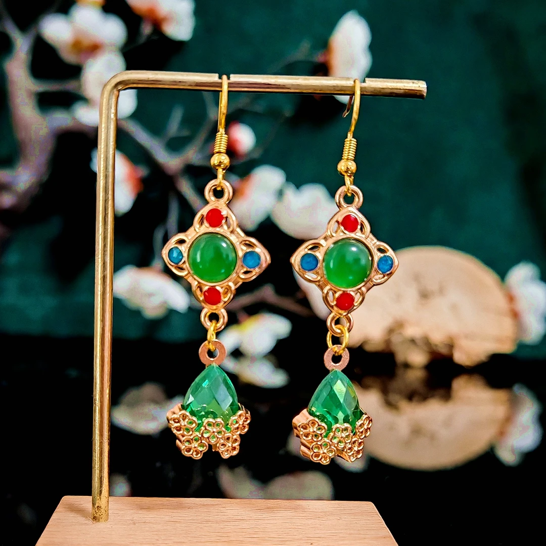 多吉米翠花萦彩复古新中式耳环耳夹原创配汉服旗袍