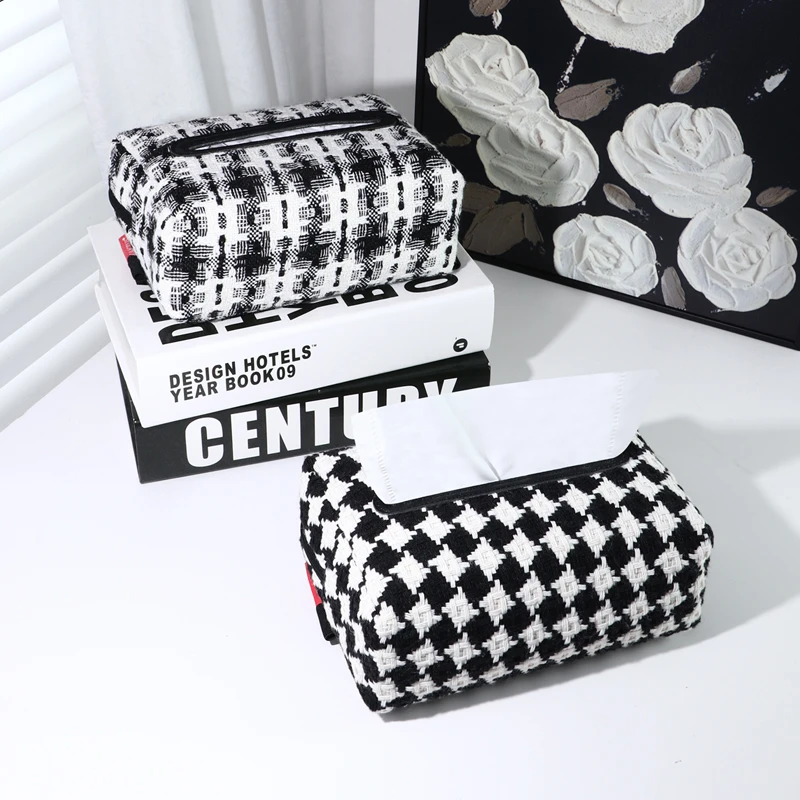 法式轻奢高级感布艺千鸟格车载纸巾盒客厅茶几抽纸盒餐巾纸收纳盒