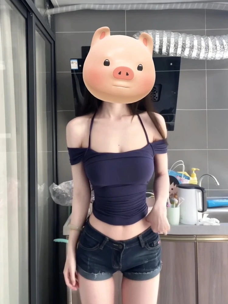 辣妹短款一字肩上衣女夏季性感修身露肩显瘦纯欲短袖t恤挂脖小款