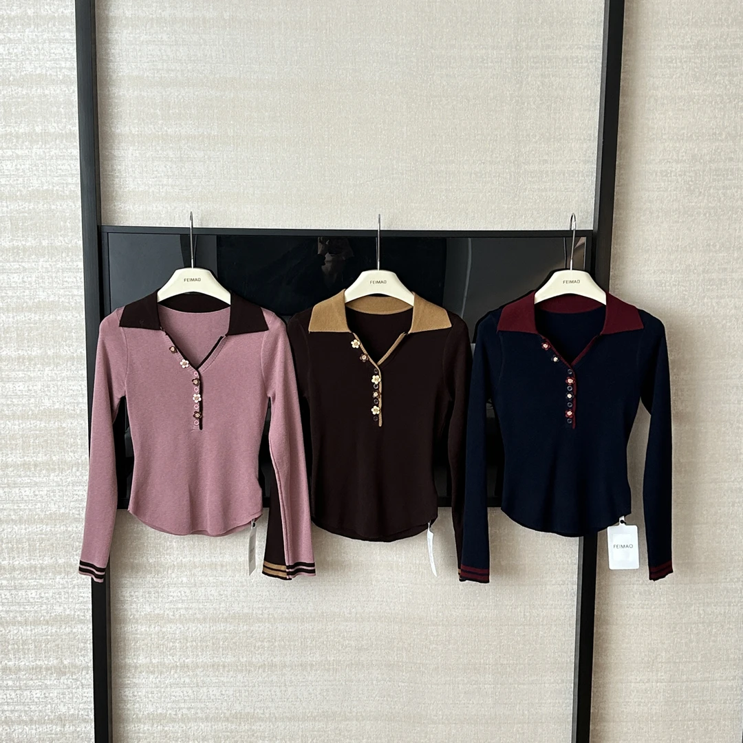 【赵小小&色彩碰撞】6518 撞色V翻领针织衫显瘦弹性POLO衫T恤上衣女