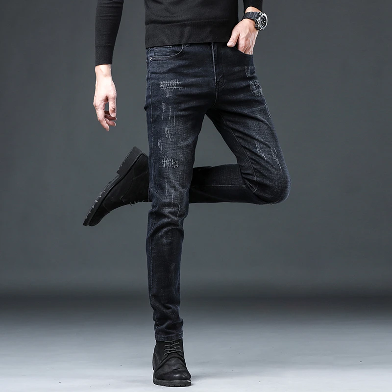 香港高端潮牌黑色牛仔裤男士秋冬韩版修身小脚弹力休闲加绒长裤子
