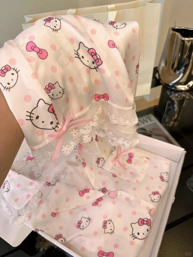 【波点kitty猫】甜美少女感冰丝睡衣女夏季新款2025凉感套装家居服