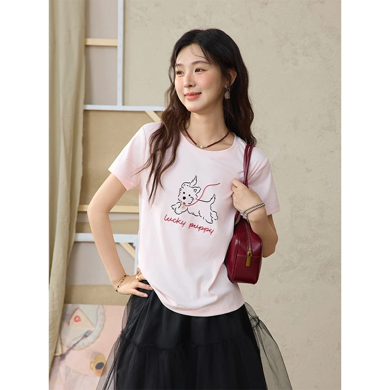 谜秀2025夏季新款减龄可爱印花小狗短袖T恤