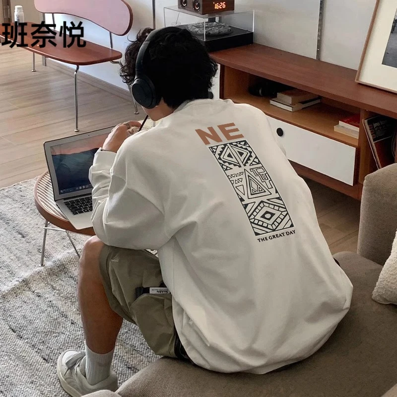 重磅休闲长袖t恤男春秋纯色衣服宽松男装厚T恤白色上衣男士打底衫