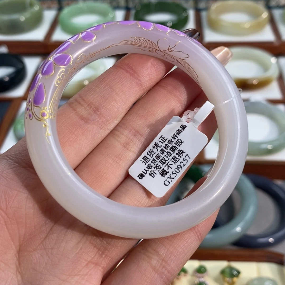 和田玉未镶嵌手镯青海高冰白月光珐琅工艺54/55