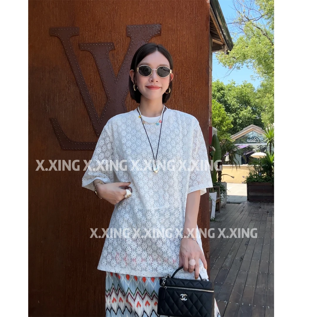 X.x.夏季新款时尚圆领镂空蕾丝短袖T恤女气质显瘦上衣潮C31-1247