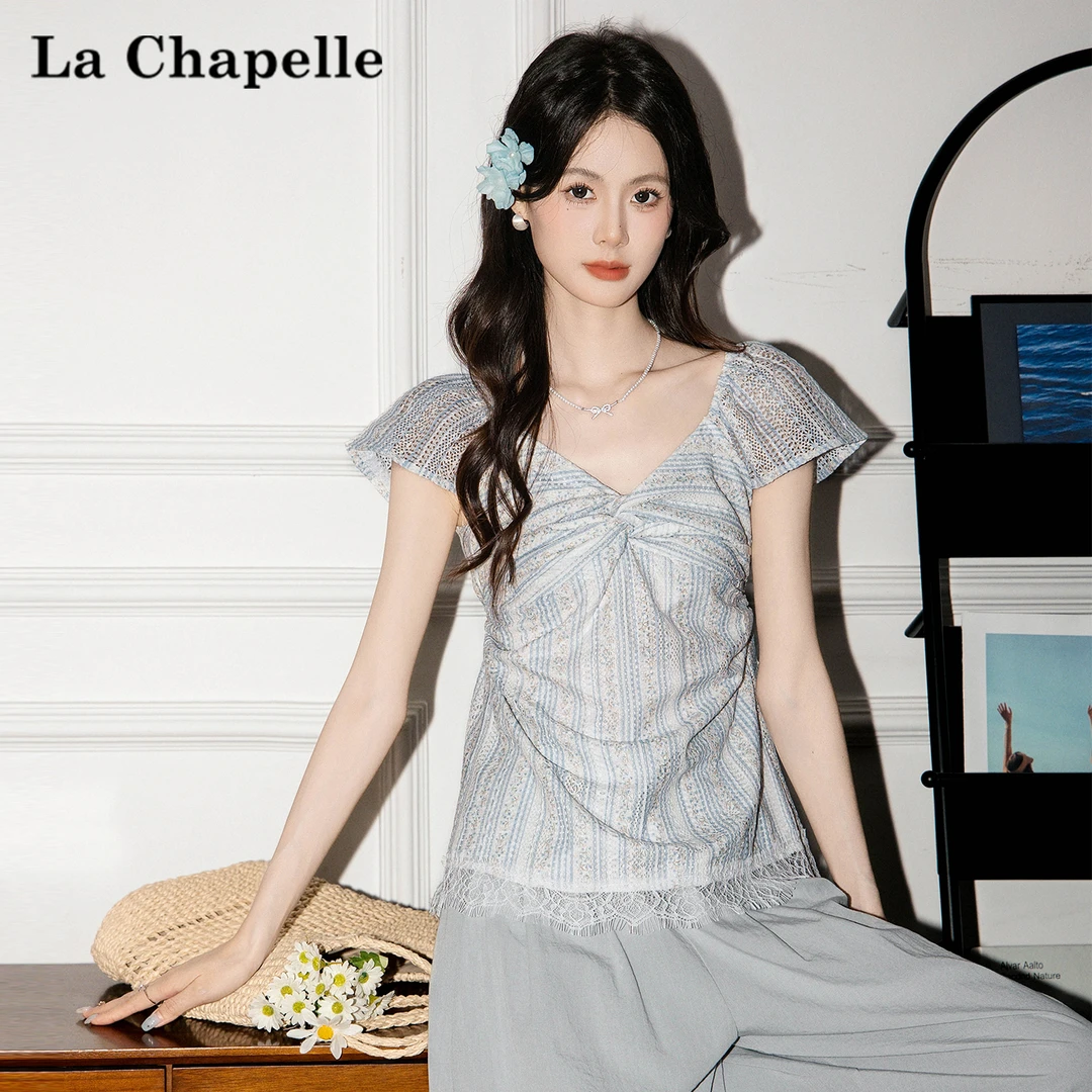 拉夏贝尔甜美风蕾丝边扭结V领短袖T恤女2025夏季修身后背镂空上衣