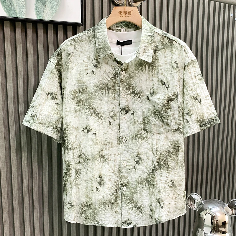 夏季薄款短袖清新衬衫男士时尚潮流印花个性帅气百搭亚麻衬衣大码
