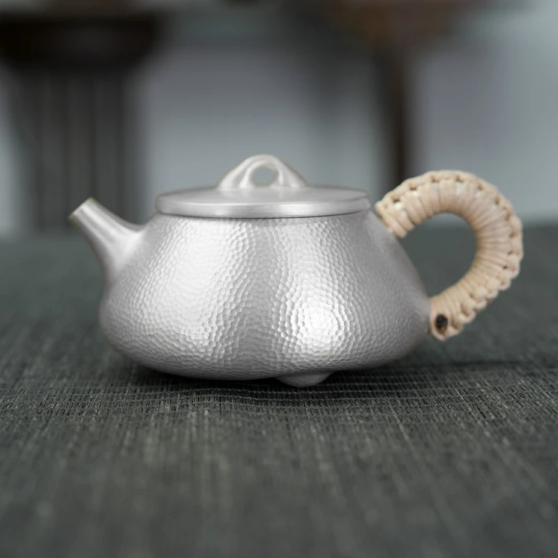 福恒金 银壶泡茶壶999足银功夫茶具家用纯手工锤纹 创意石瓢壶银