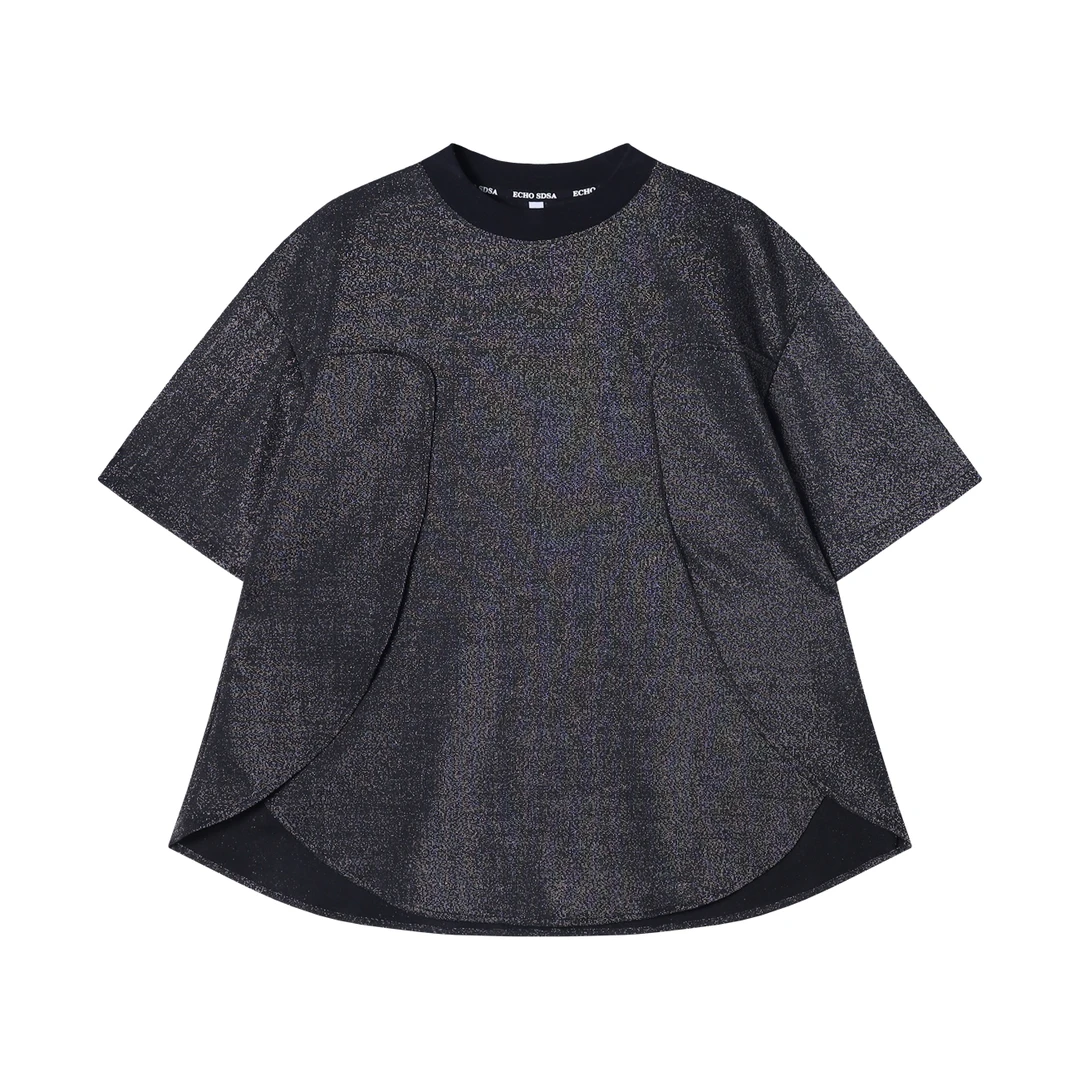 夏季高级感新款韩版亮闪不规则圆领短袖T恤