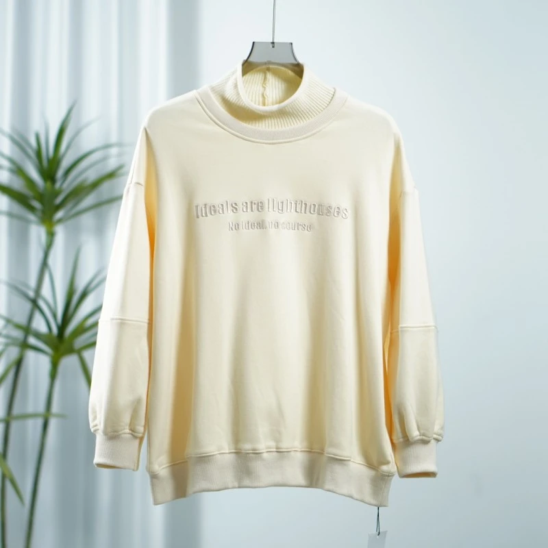 【诗M】O-633  女装春秋绣花针织领卫衣米色150907