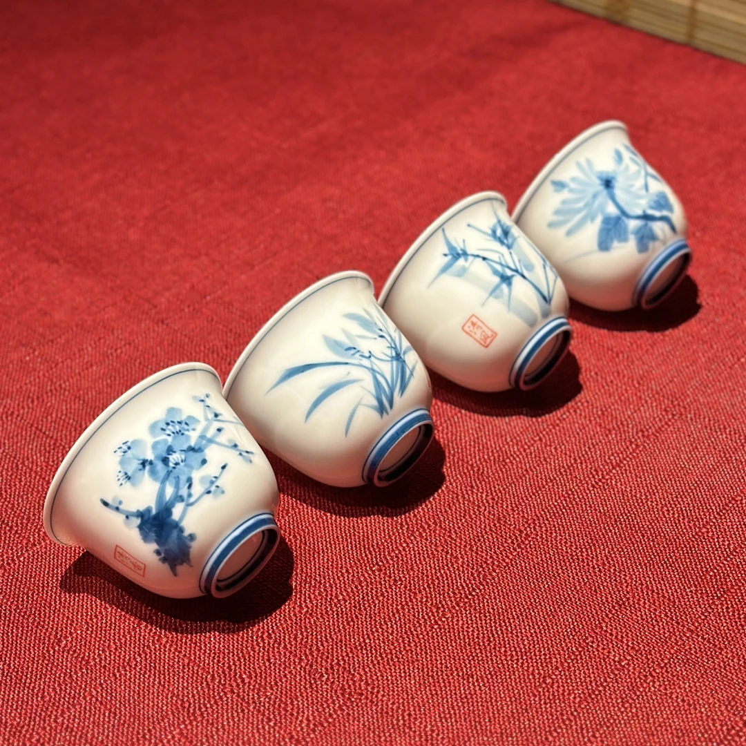 手绘杯梅兰竹菊/羊脂玉 50毫升茶杯套装（4个装）