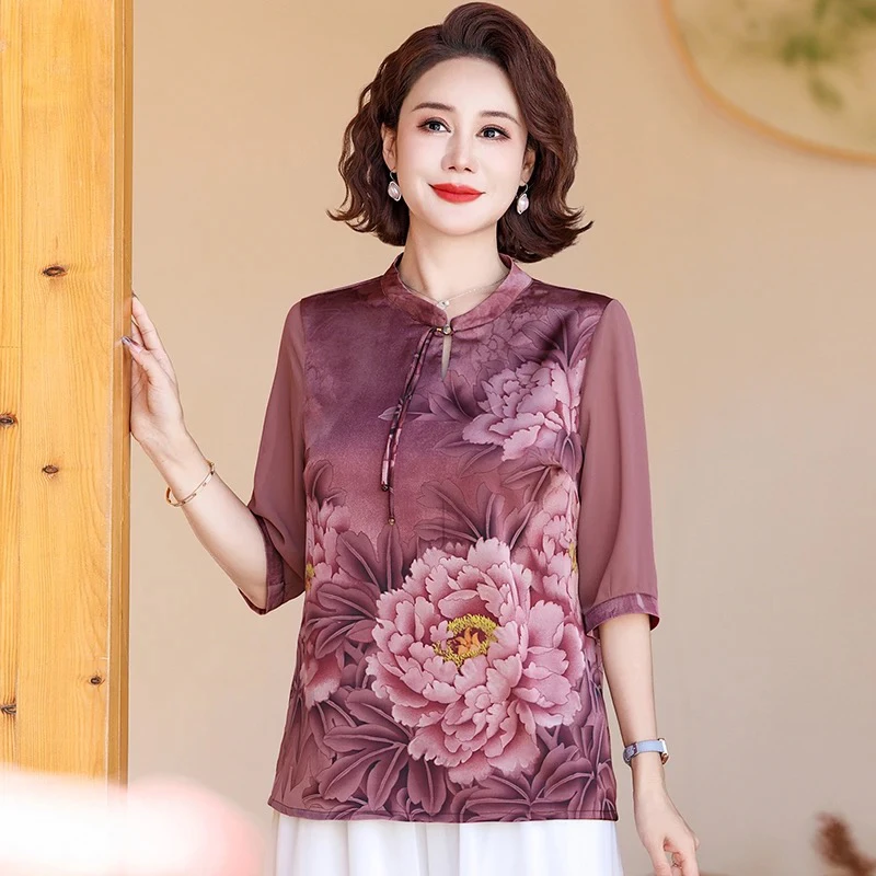 妈妈夏装套装短袖T恤洋气雪纺小衫中老年女装夏季旗袍上衣中国风