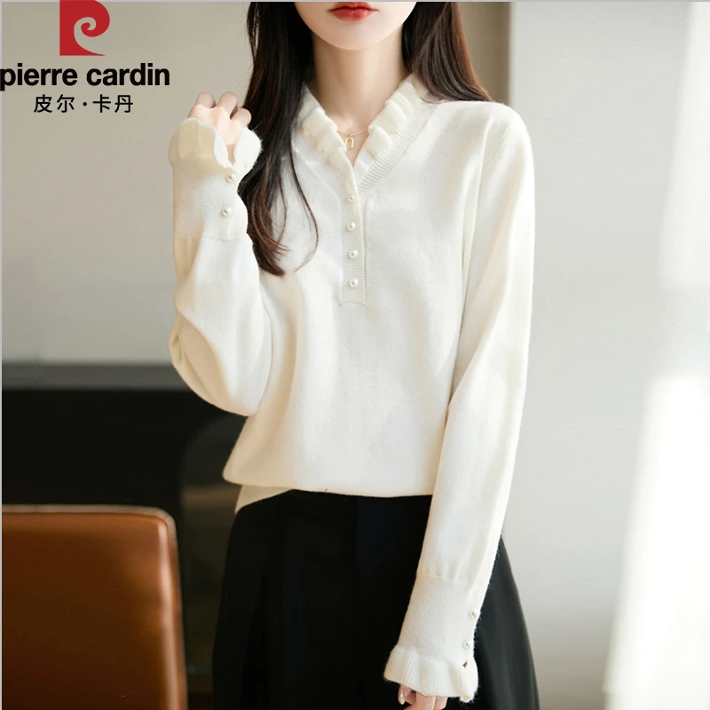 皮尔卡丹新款气质木耳边领针织衫时尚百搭减龄打底衫洋气上衣女