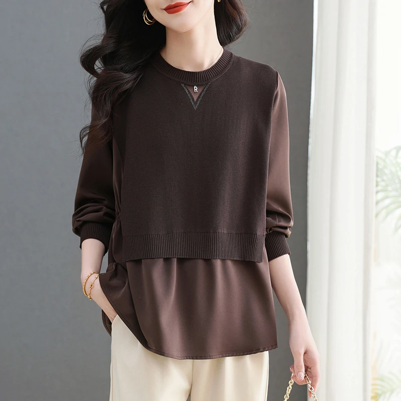 拼接假两件上衣女遮屁股长袖针织衫春装2025年新款气质妈妈打底衫