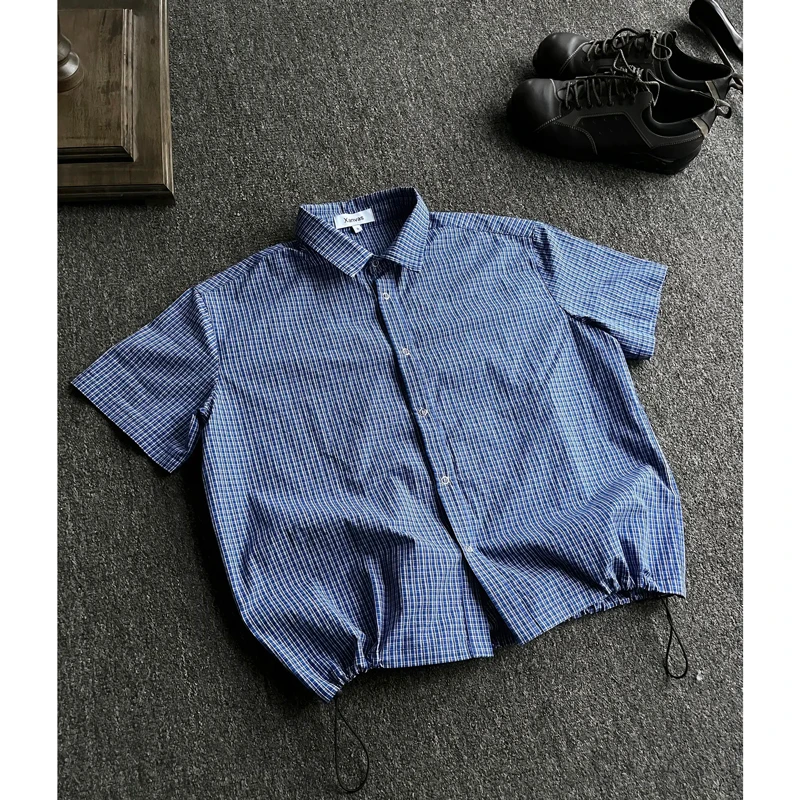 Xanvas「Royal Blue」皇家蓝色格纹抽绳短袖衬衫男女miu系夏季百搭