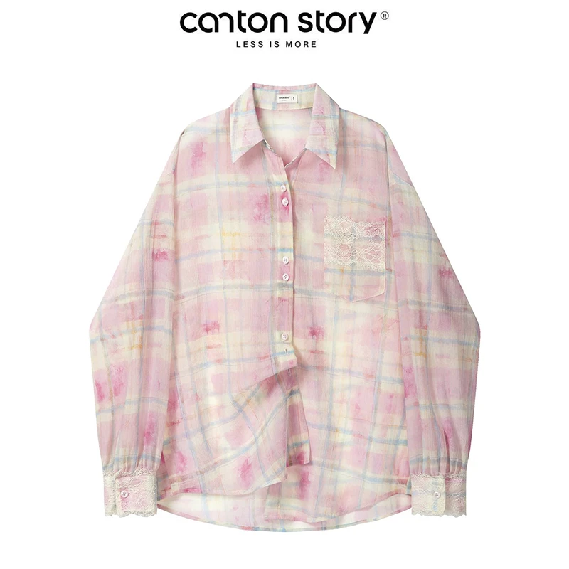 羊城故事【现现】】粉色蕾丝印花落肩长袖衬衫夏季轻薄衬衣Y50550364