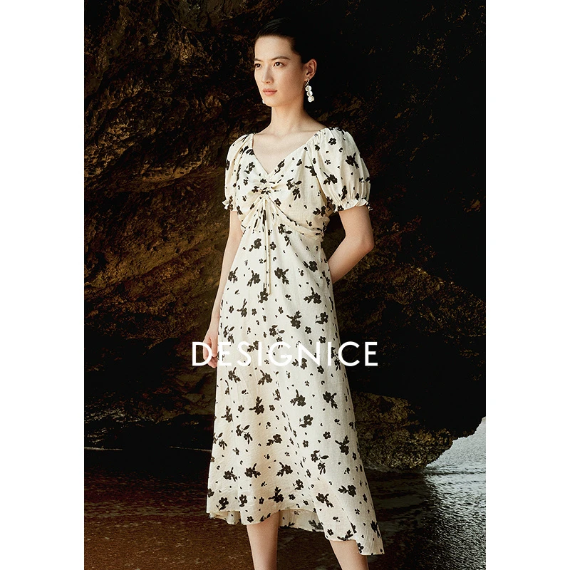 迪赛尼斯夏季气质法式茶歇系长裙V领短袖碎花高腰连衣裙