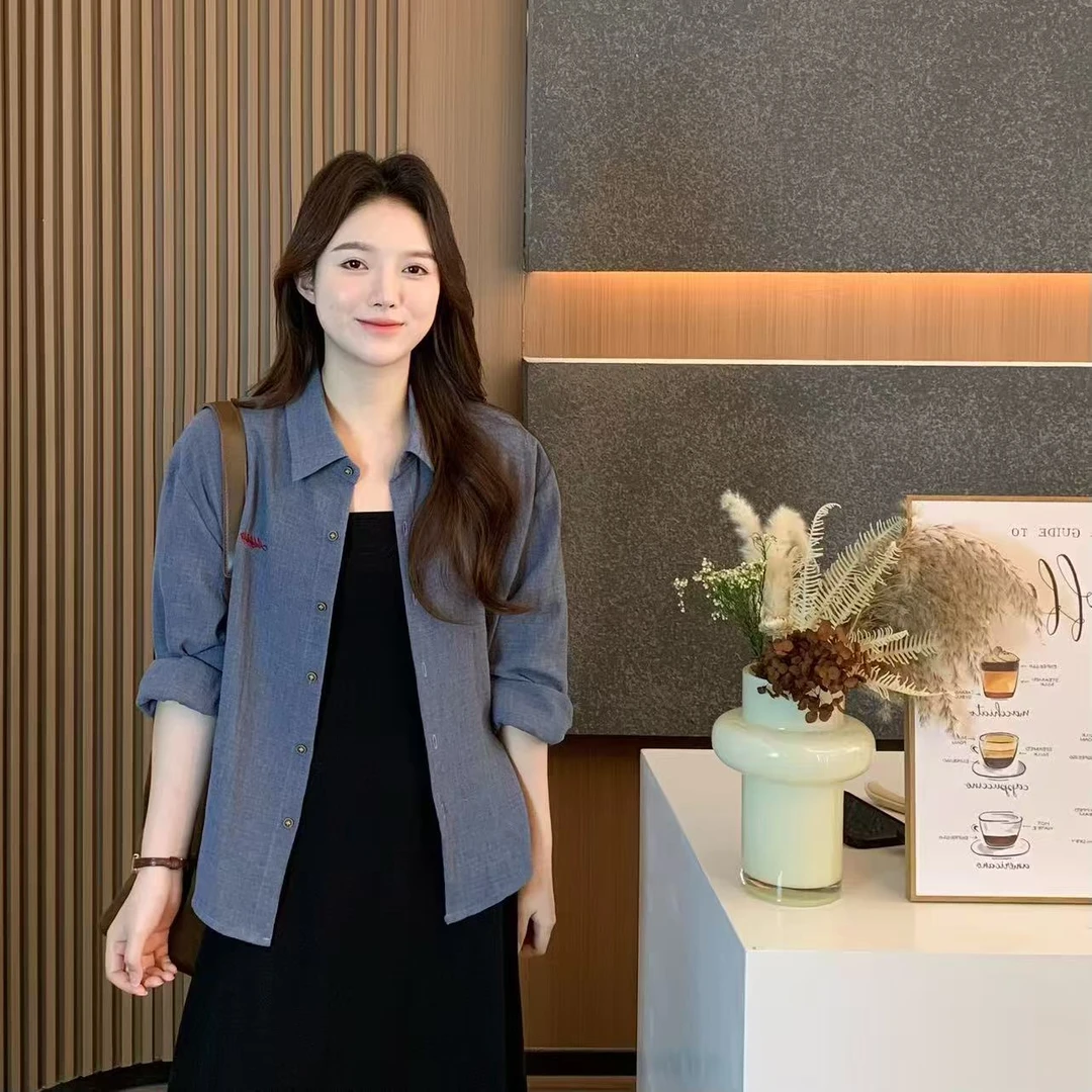 小羽酱小个子定制秋季韩系简约百搭字母刺绣肌理感休闲长袖衬衫