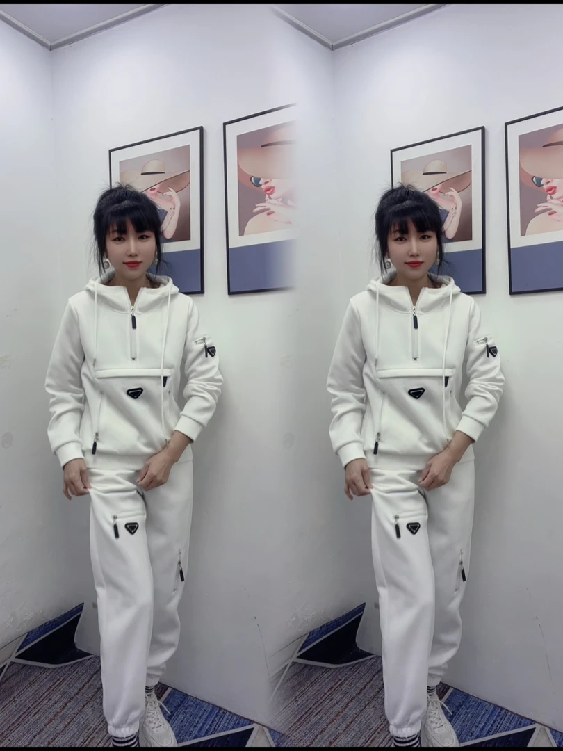 欧货时尚连帽半拉链三角标个性工装两件套2025春季新款休闲套装爆