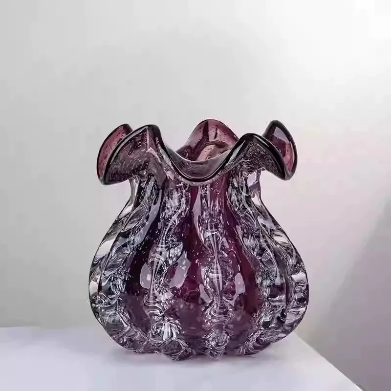 私花主义【紫色气泡琉璃花瓶】福袋钱袋现代高档插花瓶家居琉璃摆件