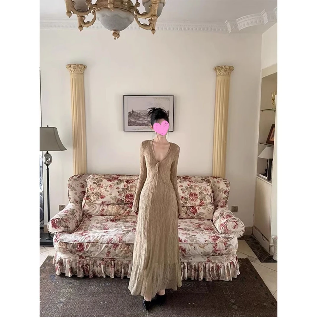 复古风法式慵懒感两件套V领长裙吊带连衣裙女秋