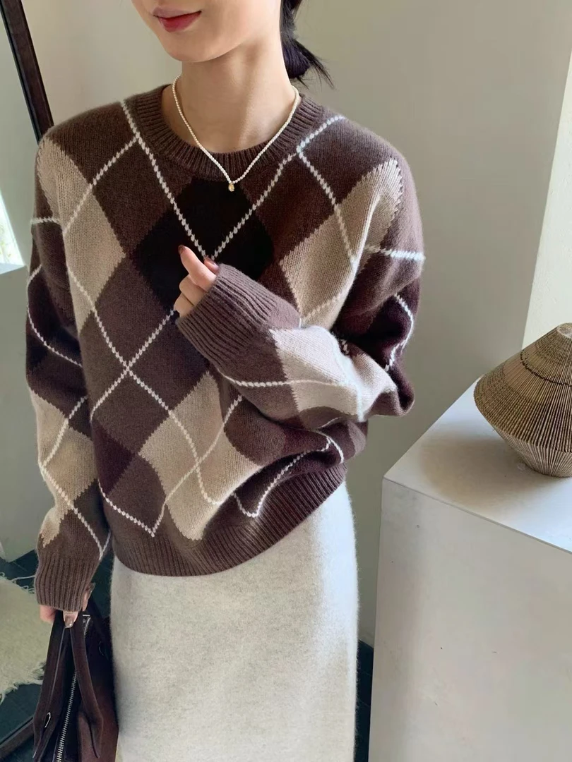 韩系慵懒高级感超好看的宽松套头7906菱格毛衣女款2024新款秋冬季